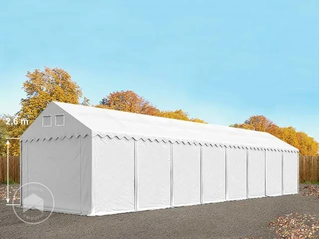Carpa almacén 4×24 m – altura lateral 2,6m, PVC 800, con base reforzada, blanco, con Estática (para hormigón)