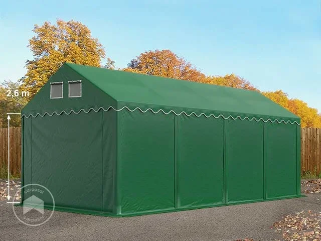Carpa almacén 4×8 m – altura lateral 2,6m, PVC 800, con base reforzada, verde oscuro, con Estática (para suelos blandos)