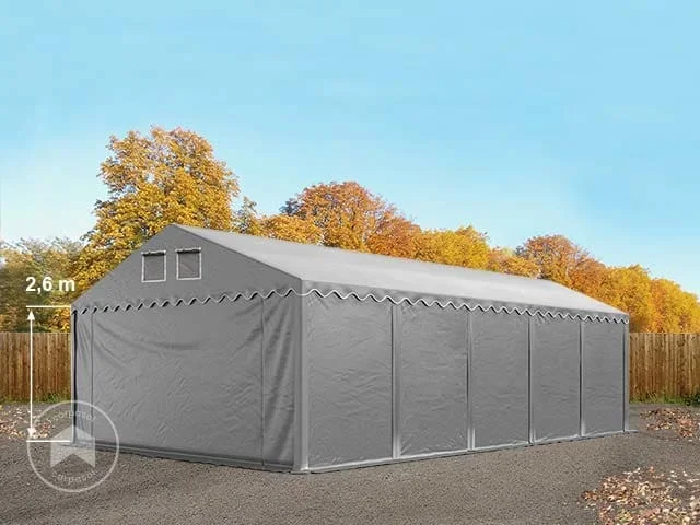Carpa almacén 5×10 m – altura lateral 2,6m, PVC 800, con base reforzada, gris, sin Estática