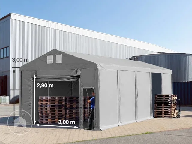 Carpa almacén 5×10 m – altura lateral de 3,0 m con puerta levadiza, PVC 850, gris, sin Estática