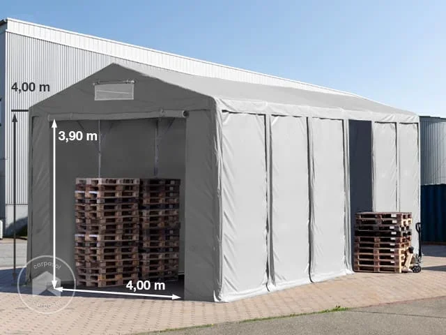 Carpa almacén 6×12 m – altura lateral de 4,0 m con entrada con cremallera, PVC 850, gris, con Estática (para suelos blandos)