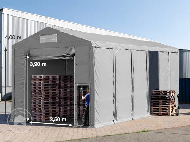 Carpa almacén 6×12 m – altura lateral de 4,0 m con puerta levadiza, PVC 850, gris, sin Estática