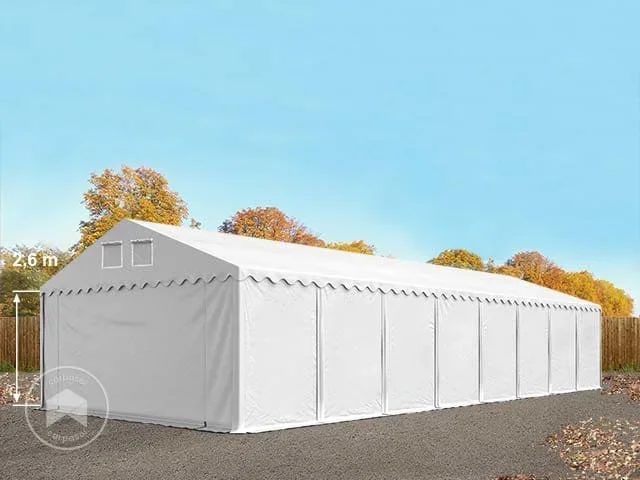 Carpa almacén 6×16 m – altura lateral 2,6m, PVC 1400, con base reforzada, blanco, sin Estática