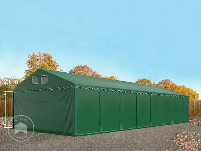 Carpa almacén 6×32 m – altura lateral 2,6m, PVC 800, con base reforzada, verde oscuro, con Estática (para suelos blandos)