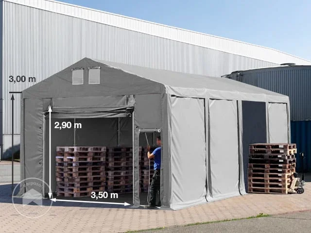 Carpa almacén 6×8 m – altura lateral de 3,0 m con puerta levadiza, PVC 850, gris, con Estática (para suelos blandos)