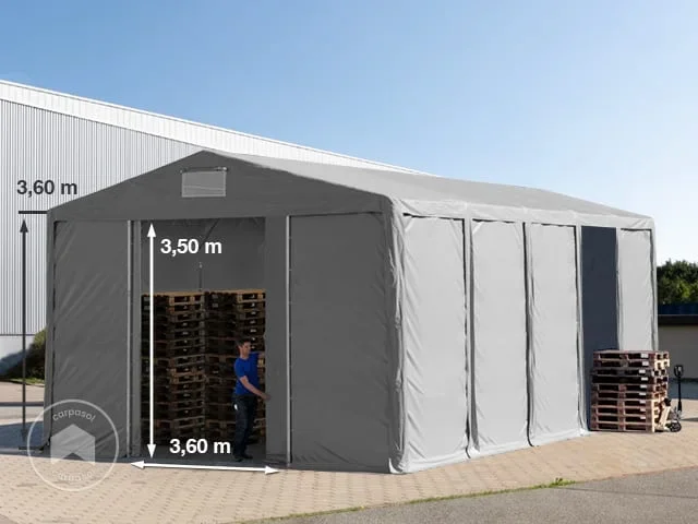 Carpa almacén 8×10 m – altura lateral de 3,6 m con entrada corredera, PVC 850, gris, sin Estática