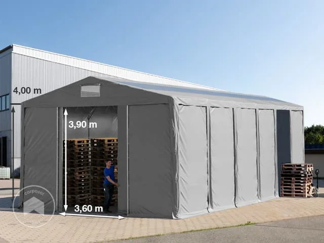 Carpa almacén 8×12 m – altura lateral de 4,0 m con entrada corredera y claraboyas, PVC 850, gris, con Estática (para suelos blandos)