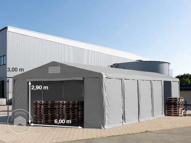 Carpa almacén 8×16 m – altura lateral de 3,0 m con puerta con cremallera, PVC 850, gris, sin Estática