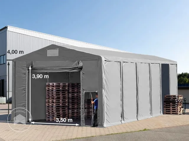 Carpa almacén 8×16 m – altura lateral de 4,0 m con puerta levadiza, PVC 850, gris, sin Estática