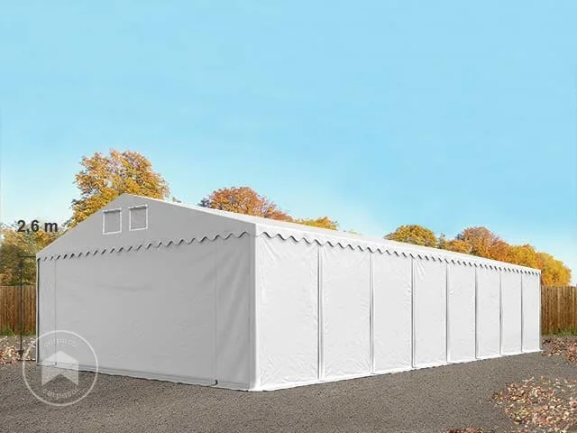 Carpa almacén 8×24 m – altura lateral 2,6m, PVC 800, con base reforzada, blanco, con Estática (para suelos blandos)