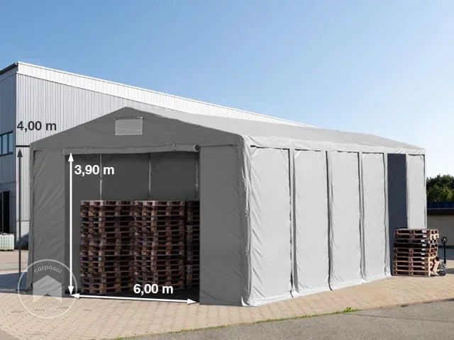 Carpa almacén 8×24 m – altura lateral de 4,0 m con entrada con cremallera, PVC 850, gris, con Estática (para hormigón)
