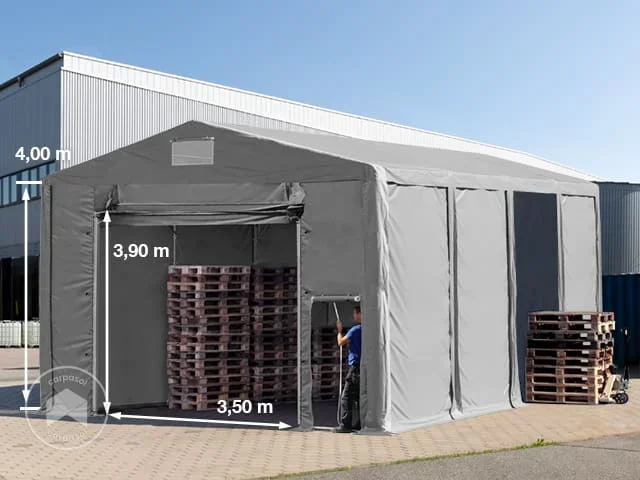 Carpa almacén 8×8 m – altura lateral de 4,0 m con puerta levadiza, PVC 850, gris, con Estática (para suelos blandos)