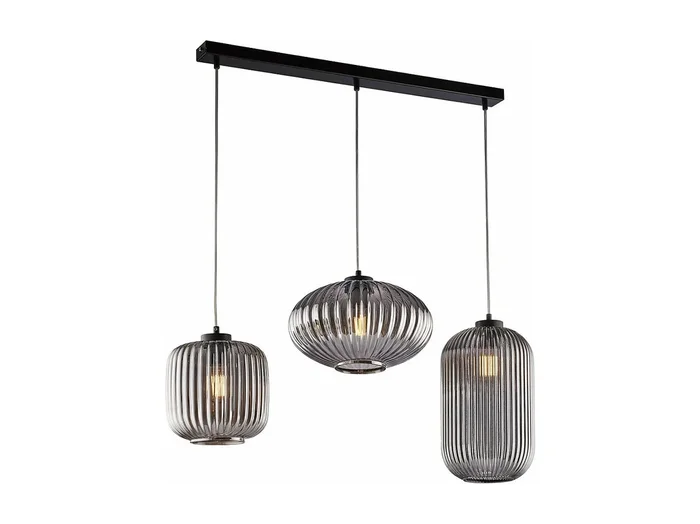 Carril Glamour de hierro lacado en negro con cables orientables y difusores de cristal soplado gris espejado con dec. Forro en relieve de 3 luces