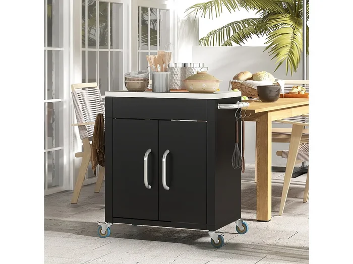 Carrito de cocina de acero con ruedas, bandeja y ganchos de acero inoxidable, capacidad de almacenamiento 86 x 50 x 86,5 cm.