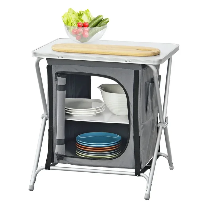 Cocina de Camping con 2 estantes Tullinge 64 x 60 x 45 cm cm Gris Oscuro Cortaviento [es.casa]