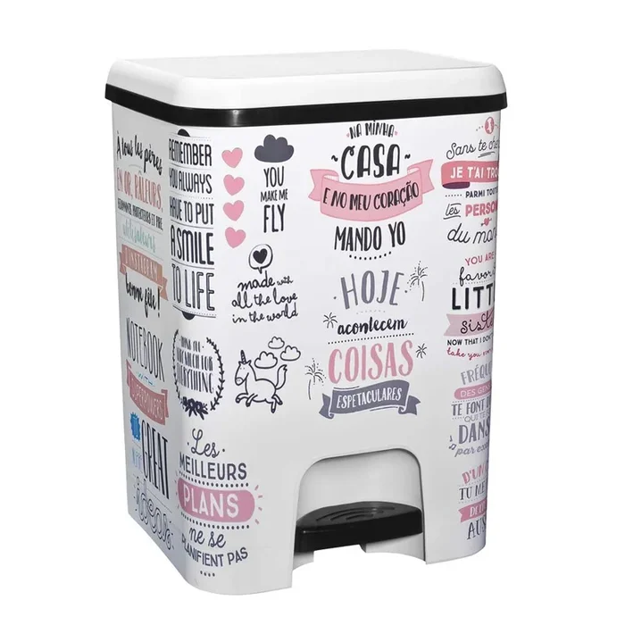 COM-FORT HOUSE Cubo de Basura Pedal Capacidad de 26 litros Cubo reciclaje Decoración Textos Color Blanco Cubo de Basura Cocina Piezas Extraíbles Limpieza Fácil