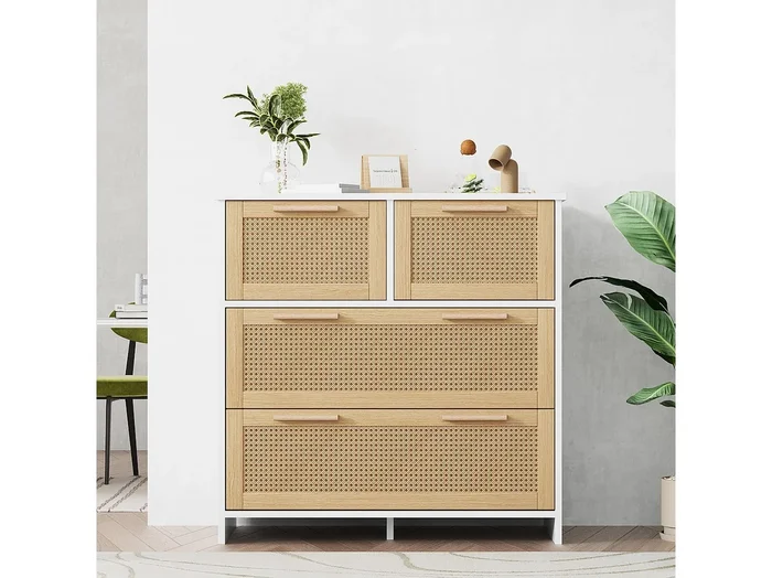 Cómoda 4 cajones madera ratán natural MDF almacenaje dormitorio salón 80x40x92cm beige