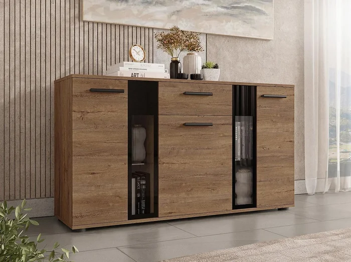 Cómoda Tucson 114, Roble de lefkada, Con cajones y puertas, Número de cajones 1, 80x41cm