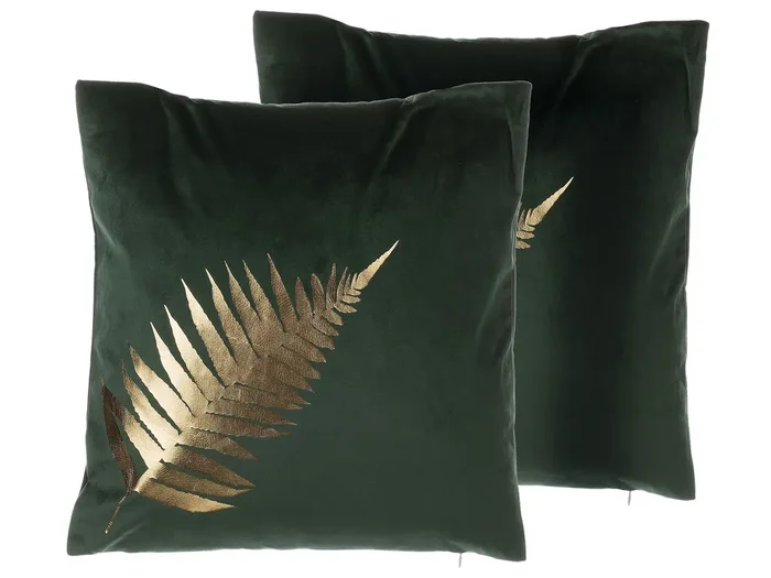 Conjunto de 2 cojines decorativos FERN Terciopelo 45 x 45 cm Verde oscuro Patrón de plantas