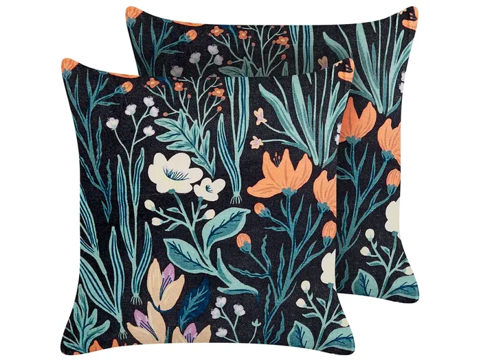 Conjunto de 2 cojines decorativos OSMUNDA Terciopelo 45 x 45 cm Negro Patrón floral