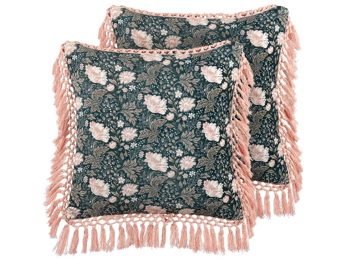 Conjunto de 2 cojines decorativos PARROTIA Terciopelo 45 x 45 cm Verde azulado Patrón floral