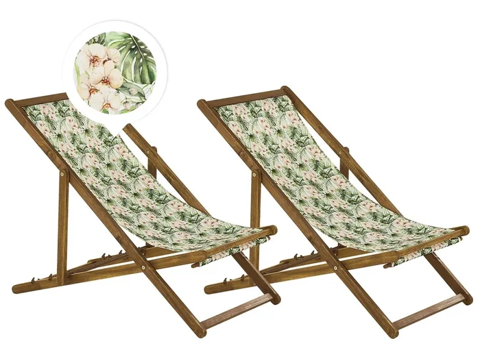 Conjunto de 2 hamacas plegables ANZIO con telas de recambio Motivo floral Madera de acacia Marrón claro