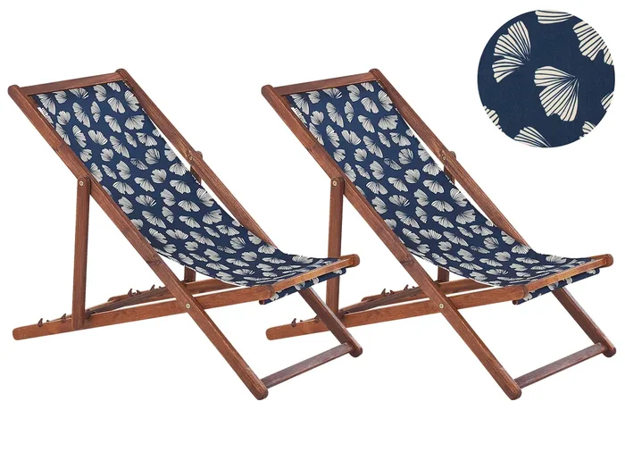 Conjunto de 2 hamacas plegables ANZIO con telas de recambio Motivo floral Madera de acacia Marrón oscuro