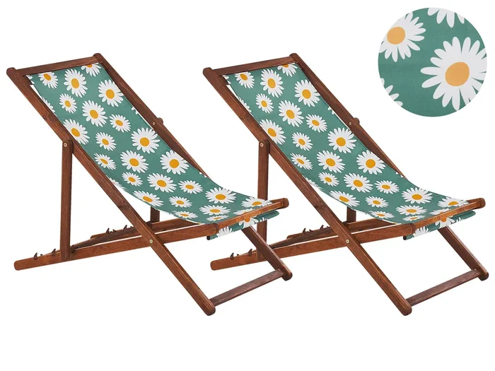 Conjunto de 2 hamacas plegables ANZIO con telas de recambio Motivo floral Madera de acacia Marrón oscuro