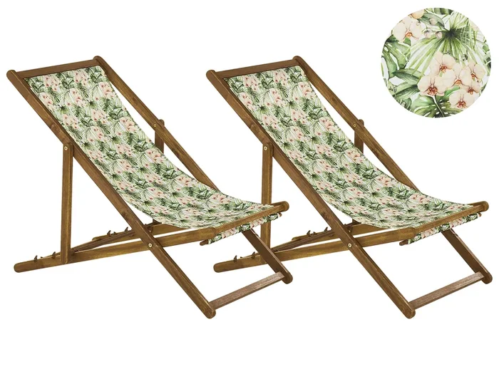 Conjunto de 2 hamacas plegables ANZIO con telas de recambio Motivo floral Madera de acacia Marrón claro