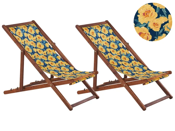 Conjunto de 2 hamacas plegables ANZIO con telas de recambio Motivo floral Madera de acacia Marrón oscuro