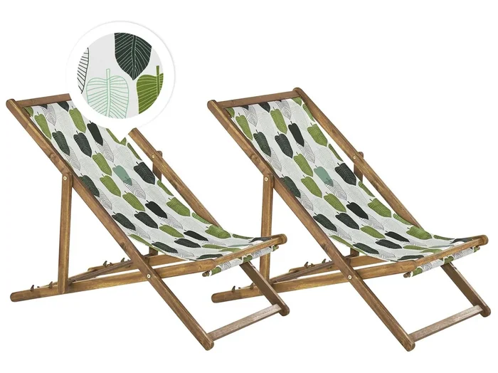 Conjunto de 2 hamacas plegables ANZIO con telas de recambio Motivo floral Madera de acacia Marrón claro