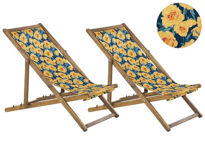 Conjunto de 2 hamacas plegables ANZIO con telas de recambio Motivo floral Madera de acacia Marrón claro