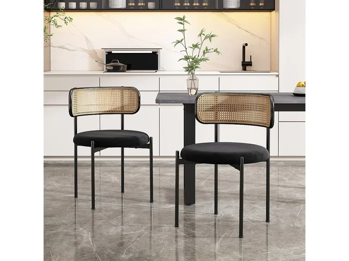 Conjunto de 2 sillas de comedor de terciopelo, con patas de metal, diseño moderno, ratán, color negro (largo x ancho x alto cm)