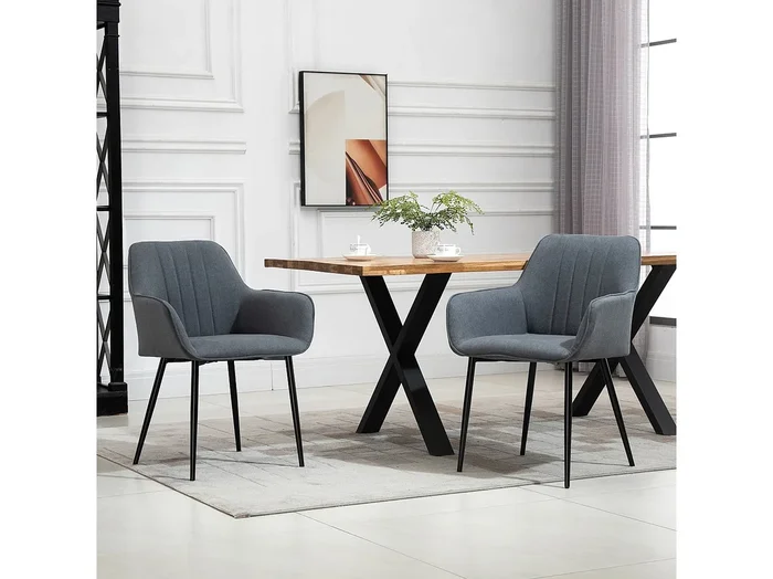 Conjunto de 2 sillas de comedor estilo escandinavo en tejido de lino con reposabrazos y patas de metal gris oscuro 59,5×56,5×81 cm