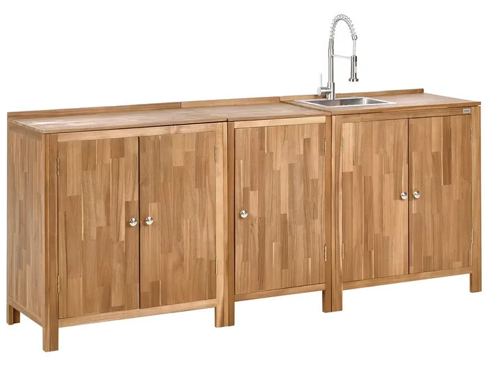 Conjunto de 3 muebles de cocina exterior con fregadero VENOSA Madera de acacia Marrón/Plateado