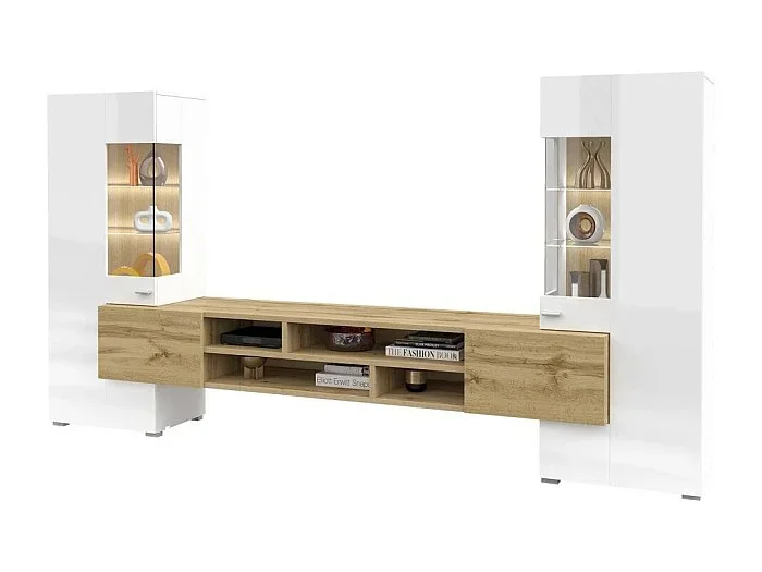 Conjunto de 3 muebles de salón colección KOBEE. Color blanco y roble.
