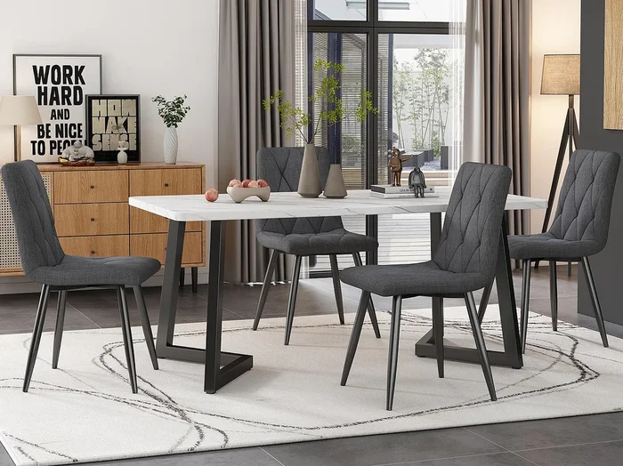 Conjunto de 4 sillas de lino – estructura de metal – Motivo de rombos – Gris