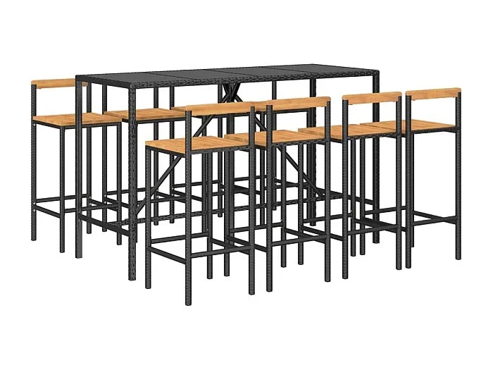 Conjunto de bar de jardín muebles de exterior terraza 9 piezas ratán sintético negro/madera maciza de acacia 02_0013494