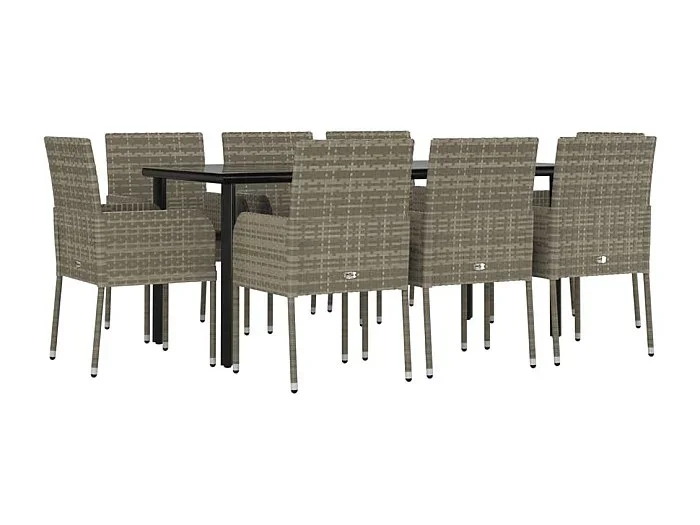Conjunto de comedor de jardín 9 piezas y cojines negro y gris 02_0014198