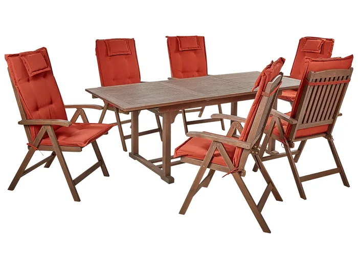 Conjunto de comedor exterior 6 plazas AMANTEA con cojines Madera de acacia Rojo