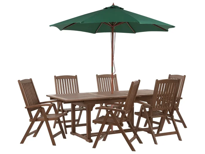 Conjunto de comedor exterior 6 plazas AMANTEA con sombrilla Madera de acacia Verde