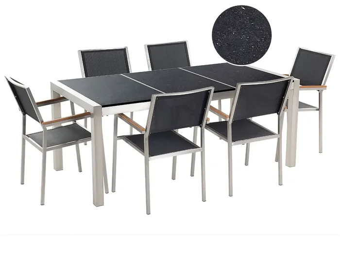 Conjunto de comedor exterior 6 plazas GROSSETO Placa triple Granito Pulido Negro