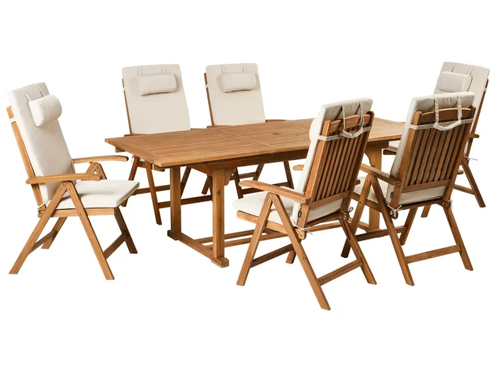 Conjunto de comedor exterior 6 plazas JAVA PREMIUM Madera de acacia Beige claro