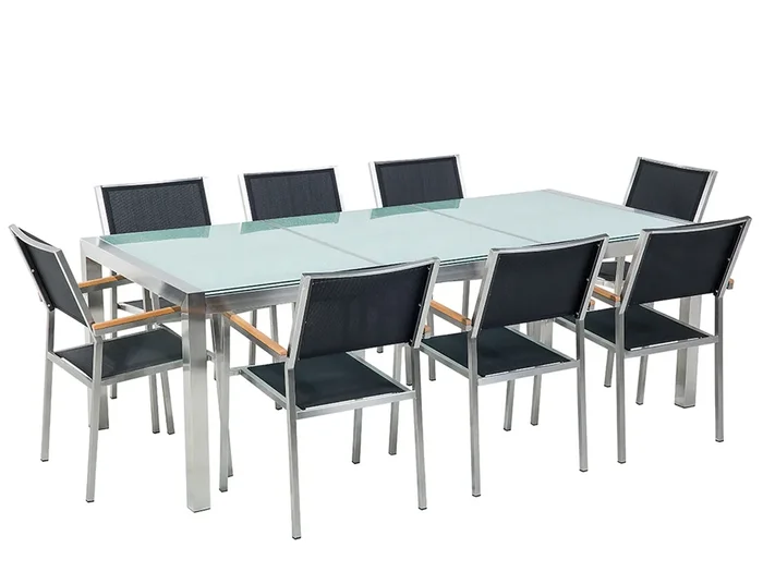 Conjunto de comedor exterior 8 plazas GROSSETO Vidrio agrietado Transparente/Negro