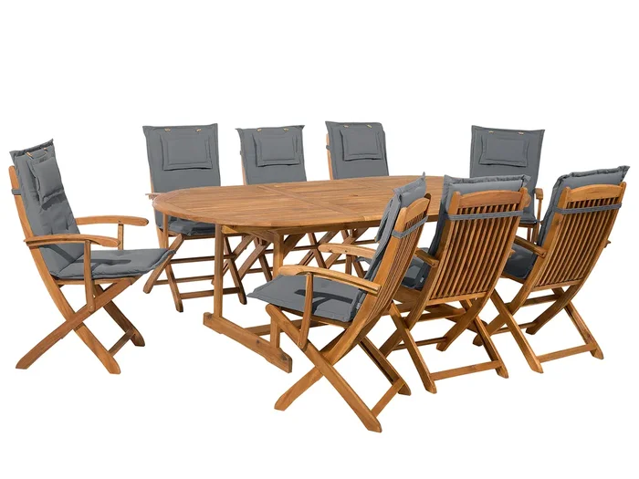 Conjunto de comedor exterior 8 plazas MAUI con cojines Madera de acacia Gris
