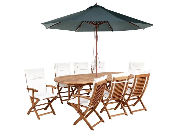 Conjunto de comedor exterior 8 plazas MAUI II con sombrilla Madera de acacia Blanco crema