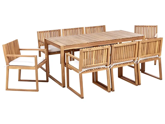 Conjunto de comedor exterior 8 plazas SASSARI II con cojines Madera de acacia certificada Blanco crema