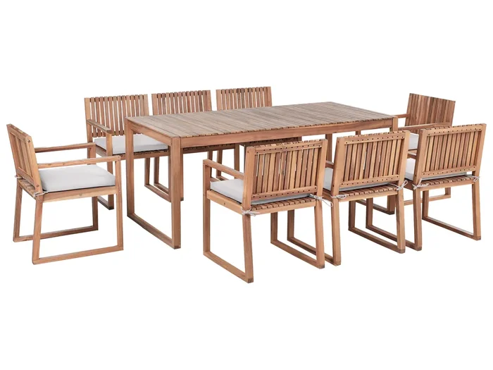 Conjunto de comedor exterior 8 plazas SASSARI PREMIUM con cojines Madera de acacia certificada Beige claro
