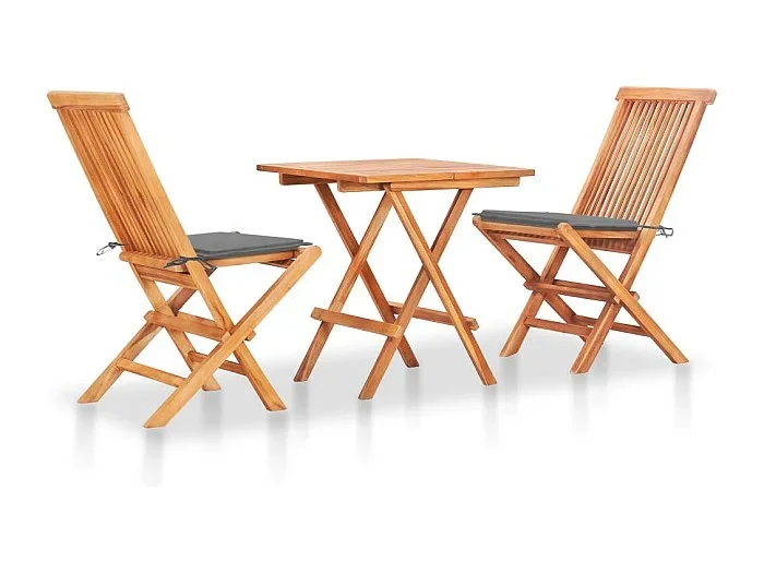 Conjunto de jardín bistro muebles de exterior terraza 3 piezas con cojines grises madera maciza de teca 02_0013515