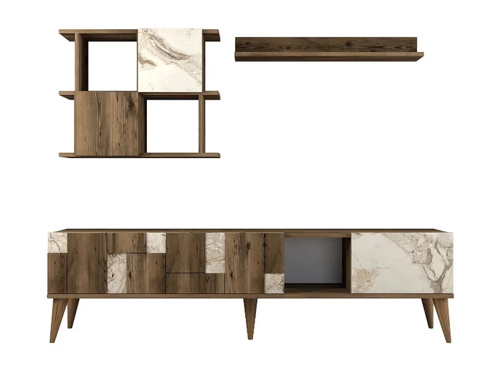 Conjunto de salón Kailua 1566, Mármol blanco Nuez, Partes separadas Con mesa de TV, 180cm